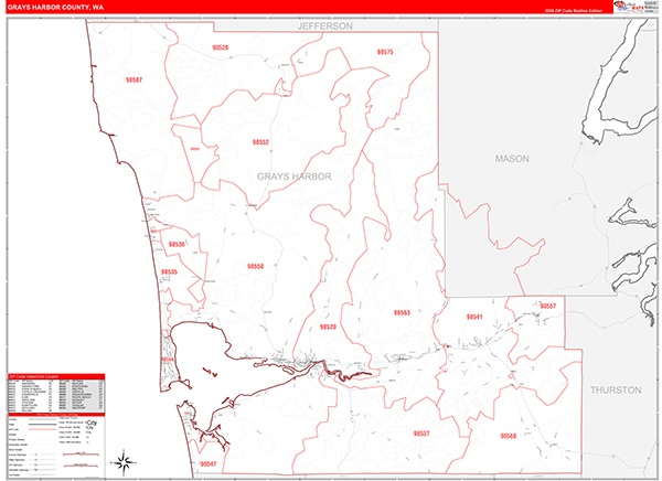 Grays Harbor County, WA Wall Map Red Line Style